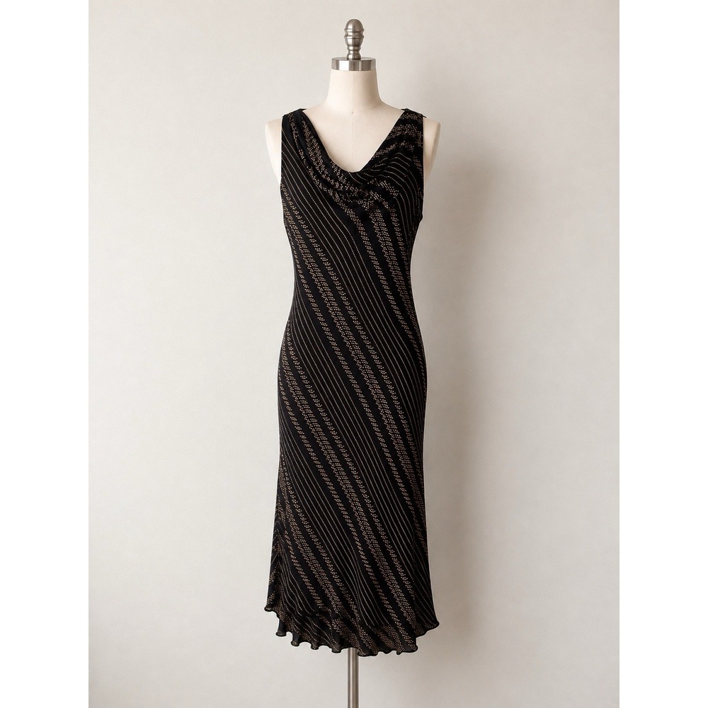 Valerie Vintage Cowl Neck Asymmetrical Midi Dress Black 100% Silk Whimsigoth